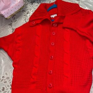 Vibrant Red Women's Cable Knit Cardigan
